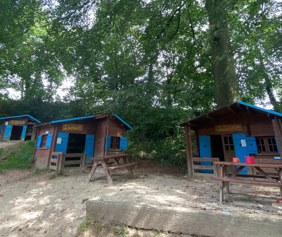 Une vue d'ensemble de plusieurs chalets en bois alignés dans une clairière ombragée. Chaque chalet a son propre nom, et des tables de pique-nique sont installées à proximité pour permettre aux familles de se détendre.