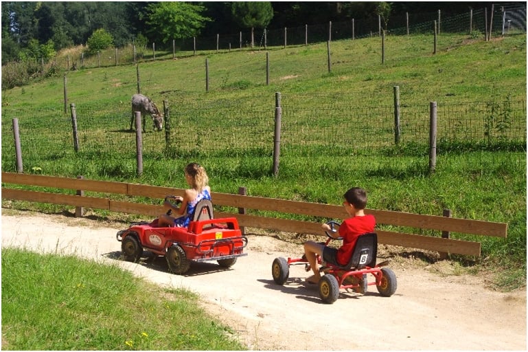 Deux enfants conduisent des karts à pédales sur un chemin qui longe un enclos avec un âne au fond. L'ambiance est calme et ensoleillée, idéale pour une promenade tranquille.